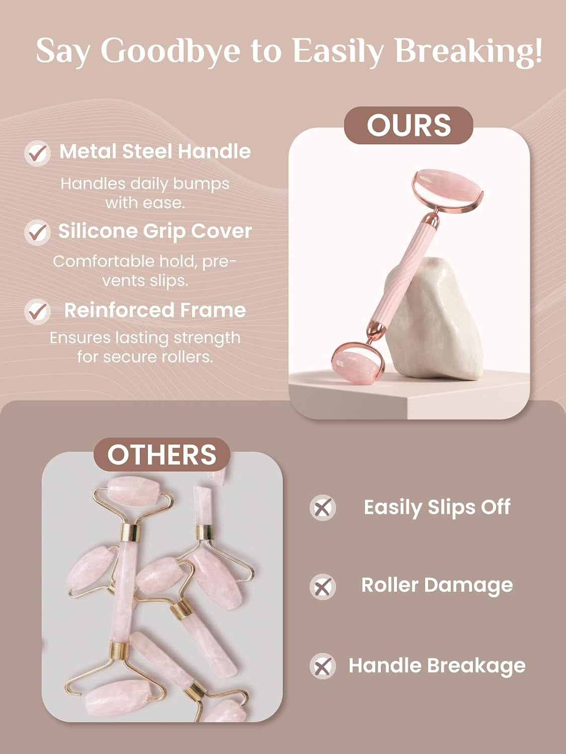 Gua Sha and Face Roller Set: Anti-Breakage Jade Roller for Long-Lasting Use, Jawline Sculpting and Puffiness Reducing, Gua Sha Facial Tools for Self Care Gift (Rose)