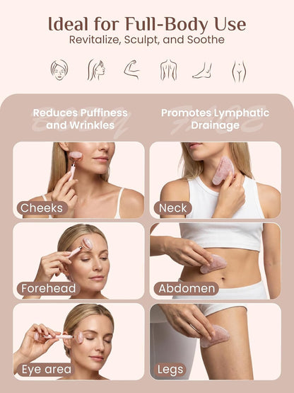 Gua Sha and Face Roller Set: Anti-Breakage Jade Roller for Long-Lasting Use, Jawline Sculpting and Puffiness Reducing, Gua Sha Facial Tools for Self Care Gift (Rose)