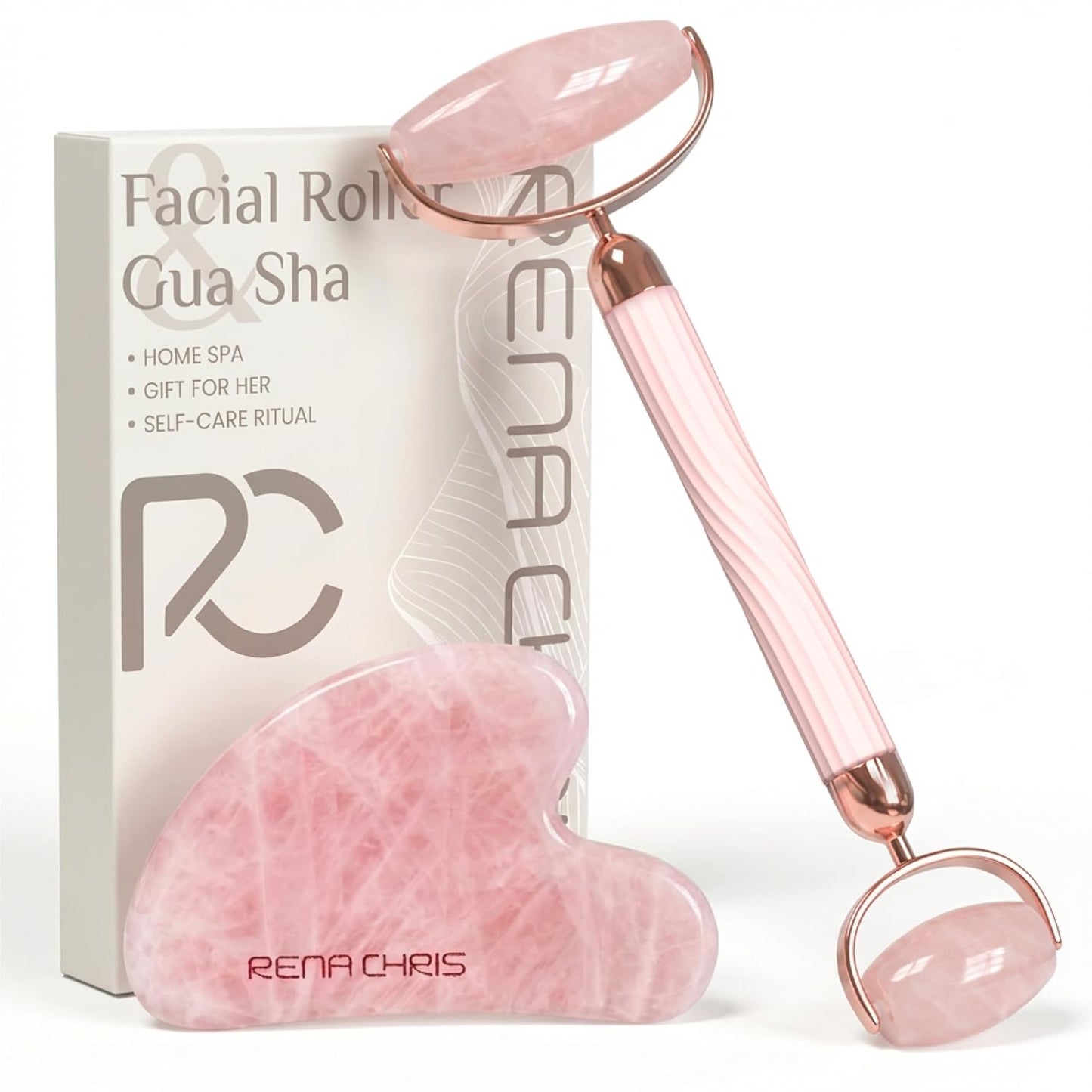 Gua Sha and Face Roller Set: Anti-Breakage Jade Roller for Long-Lasting Use, Jawline Sculpting and Puffiness Reducing, Gua Sha Facial Tools for Self Care Gift (Rose)