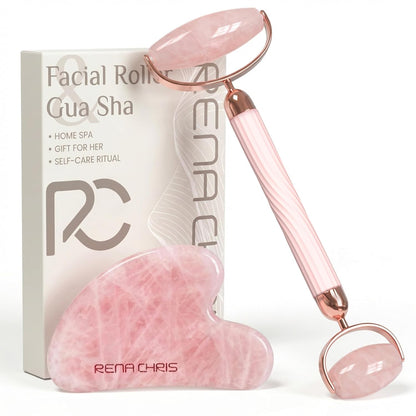 Gua Sha and Face Roller Set: Anti-Breakage Jade Roller for Long-Lasting Use, Jawline Sculpting and Puffiness Reducing, Gua Sha Facial Tools for Self Care Gift (Rose)