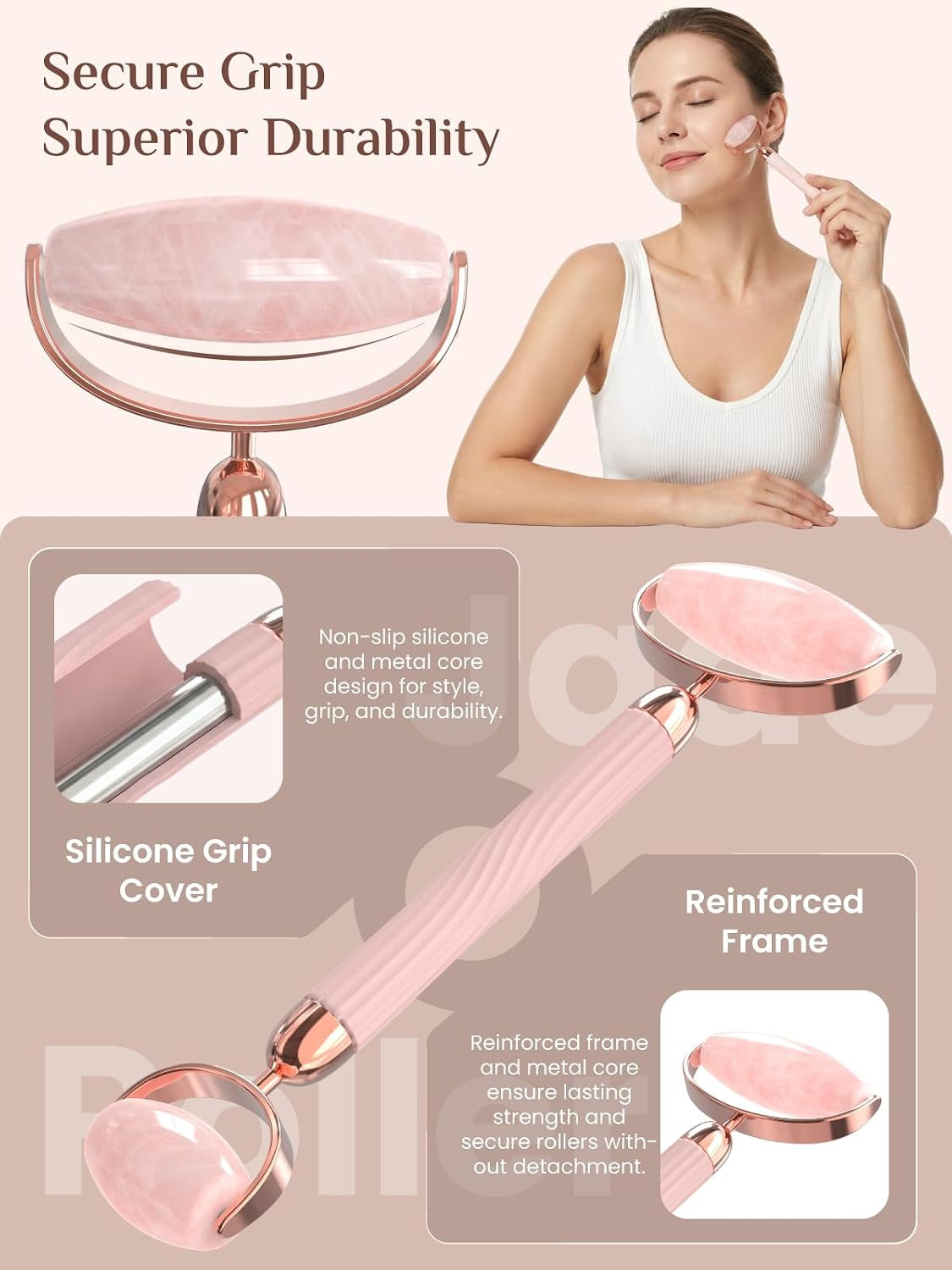 Gua Sha and Face Roller Set: Anti-Breakage Jade Roller for Long-Lasting Use, Jawline Sculpting and Puffiness Reducing, Gua Sha Facial Tools for Self Care Gift (Rose)