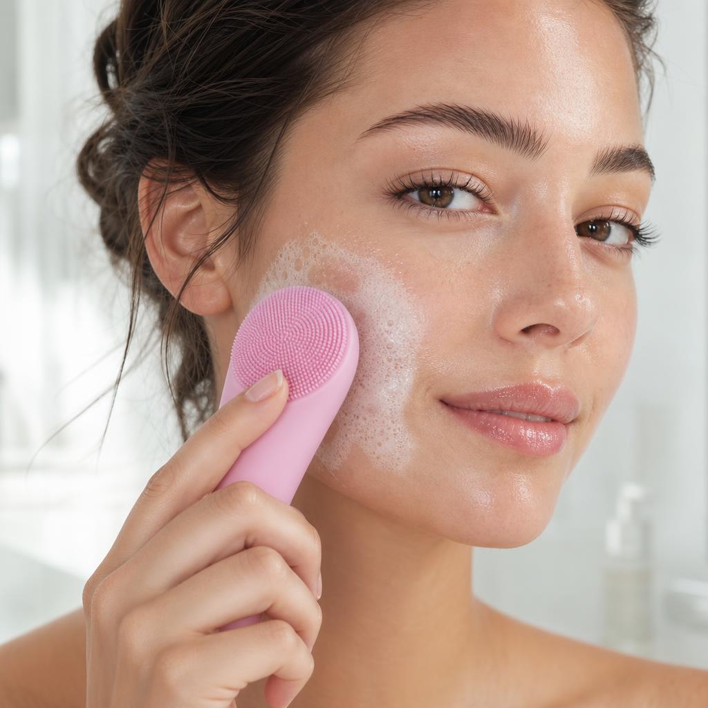 Woman using the Ivoara silicone facial cleansing brush