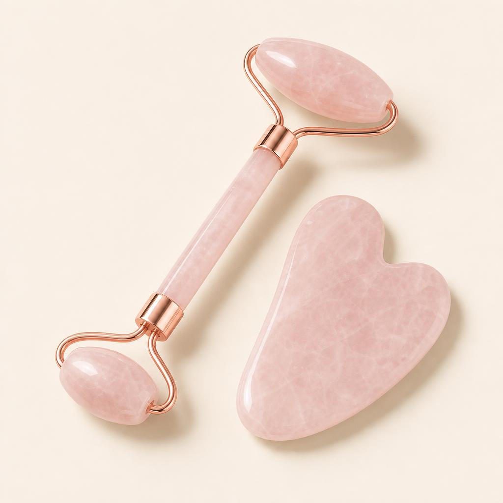 Ivoara Pink Rose Quartz Gua Sha and Face Roller Set