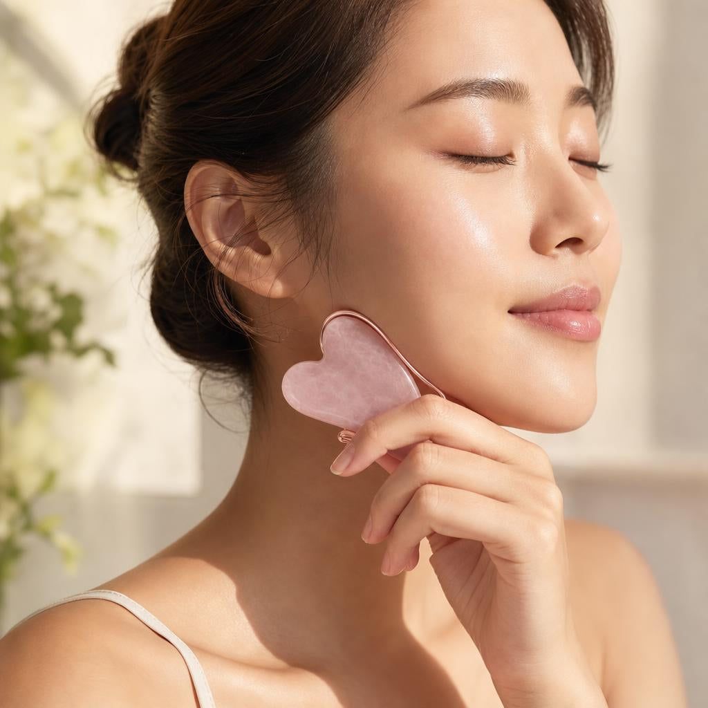 Woman using the Ivoara rose quartz gua sha on her jawline