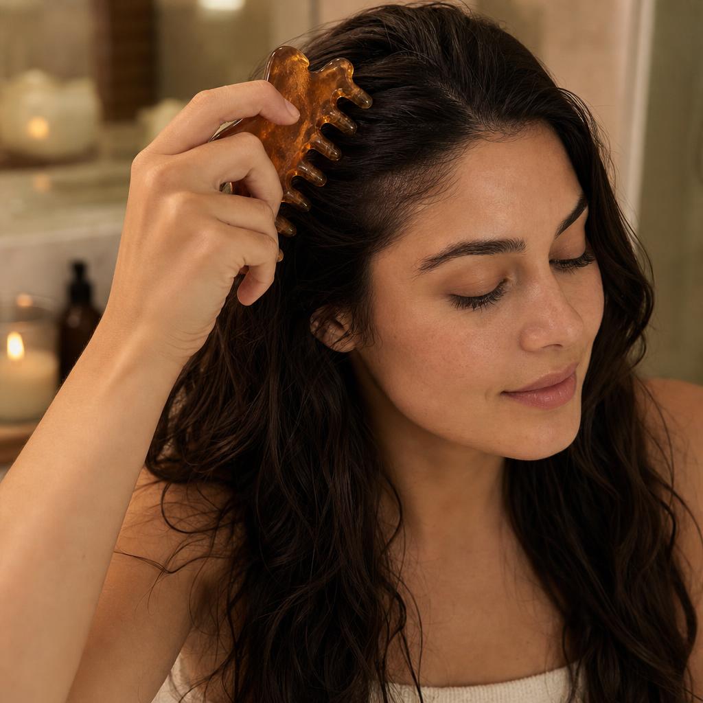 Woman using the Ivoara scalp massage comb