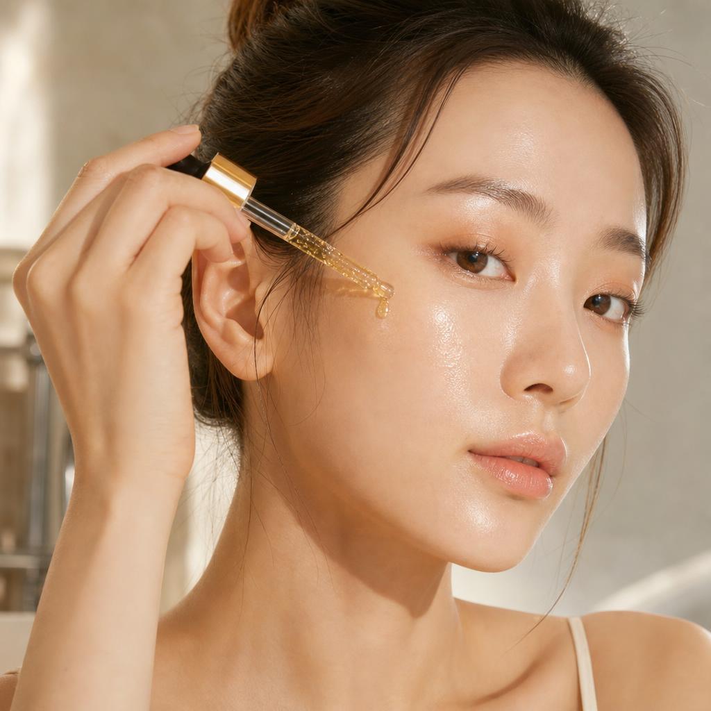Woman applying the Ivoara ginseng polypeptide serum