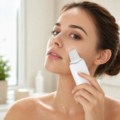 Woman using the Ivoara ultrasonic skin scrubber